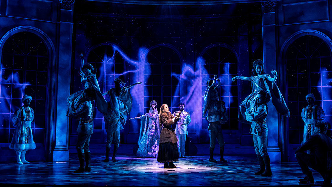 Christy Altomare as "Anya," and the cast of Anastasia.